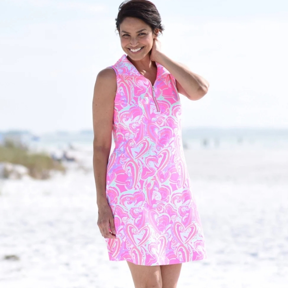 Nwot Anthony's  Resortwear White /Pink Hearts Sleeveless Zip Neck Knit Dress